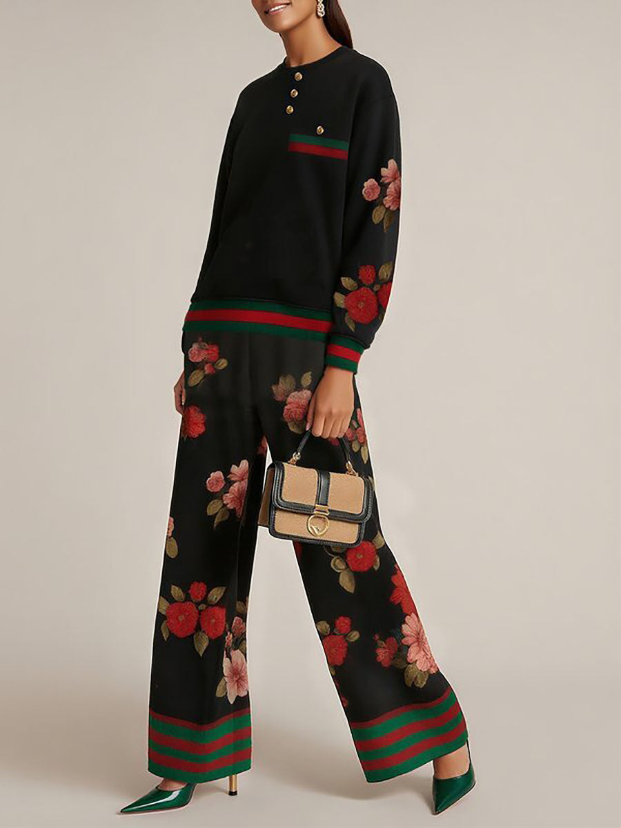 Long Sleeves Buttoned Contrast Color Flower Print Split-Joint Round-Neck Sweatshirt Tops