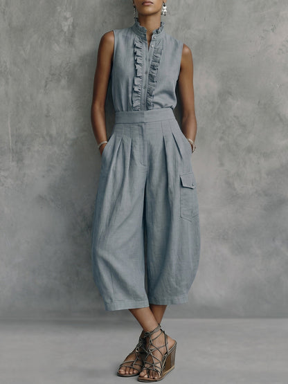 Sleeveless Buttoned Ruffled Solid Color Stand Collar Blouses&Shirts Tops