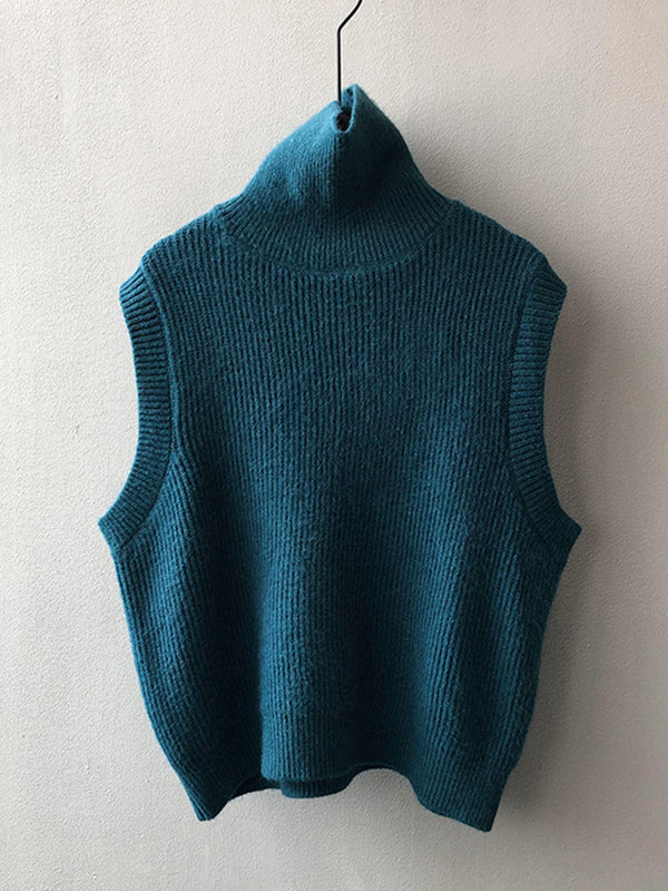 Casual Loose Sleeveless Solid Color High-Neck Sweater Vest Outerwear