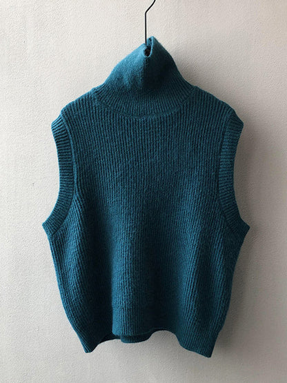 Casual Loose Sleeveless Solid Color High-Neck Sweater Vest Outerwear