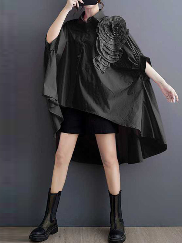Batwing Sleeves Half Sleeves Asymmetric Buttoned Pleated Solid Color Three-Dimensional Flower Lapel Blouses&Shirts Tops