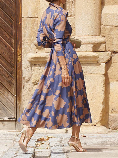Tied Leaves Print Contrast Color Buttoned Long Sleeves A-line Lapel Shirt Dress Maxi Dresses