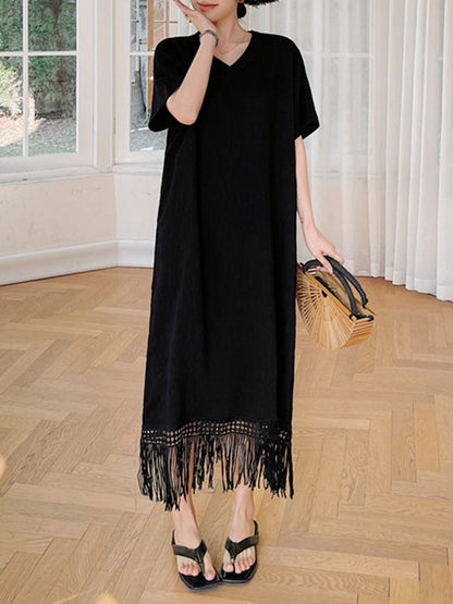 Loose Short Sleeves Solid Color Split-Joint Tasseled V-Neck Midi Dresses