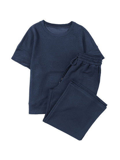 Loose Short Sleeves Solid Color Round-Neck T-Shirt Top + Drawstring Elasticity Pockets Pants Botttom Two Pieces Set