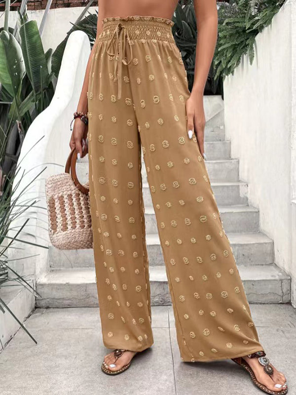 Pantalon taille haute ample avec cordon de serrage élastique en jacquard de couleur unie 
