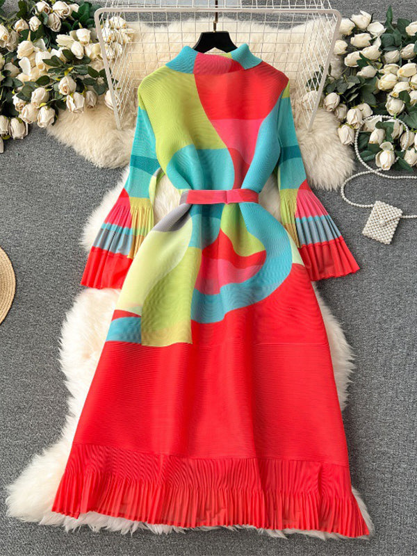 Flared Sleeves Loose Belted Contrast Color Pleated Midi Dresses