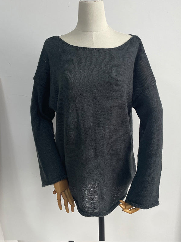 Long Sleeves Loose See-Through Solid Color Split-Joint Round-Neck Sweater Tops