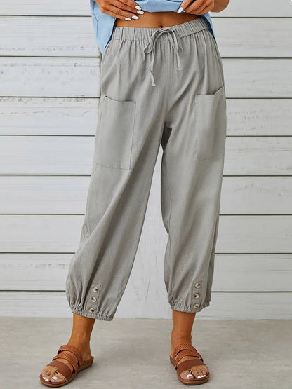 Solid Color Pockets Elasticity Drawstring Buttoned Plus Size High Waisted Trousers Ninth Pants