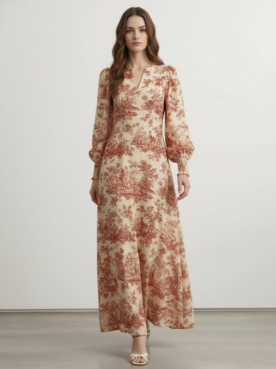 Elasticated Waist High Waisted Contrast Color Pleated Printed Split-Joint V-Neck Maxi Dresses