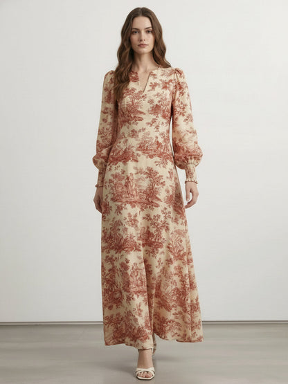Elasticated Waist High Waisted Contrast Color Pleated Printed Split-Joint V-Neck Maxi Dresses
