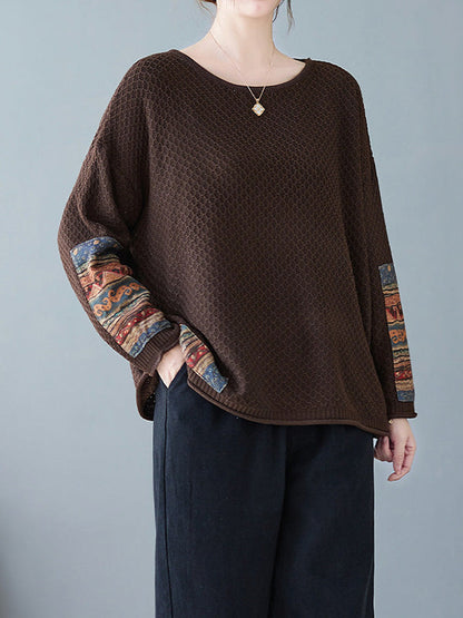 Long Sleeves Loose Printed Split-Joint Round-Neck Pullovers Sweater Tops