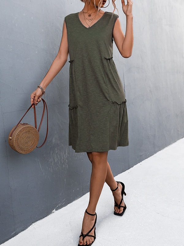 A-line Loose Pleated Solid Color Split-Joint V-neck Midi Dresses