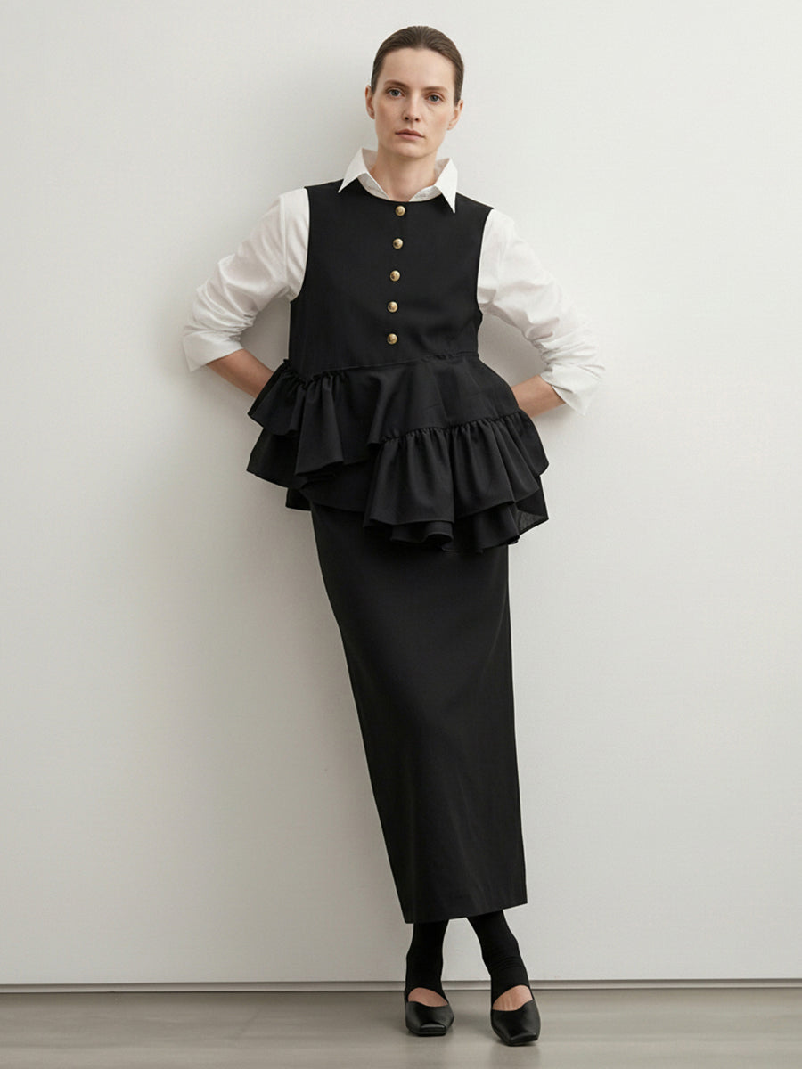 Column Irregularity Asymmetric Buttoned Contrast Color Layered Ruffled Split-Joint Lapel Maxi Dresses Shirt Dress