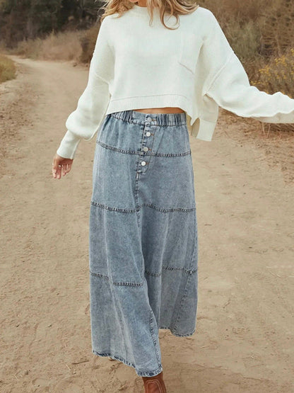 A-Line Loose Buttoned Elasticity Solid Color Skirts Bottoms