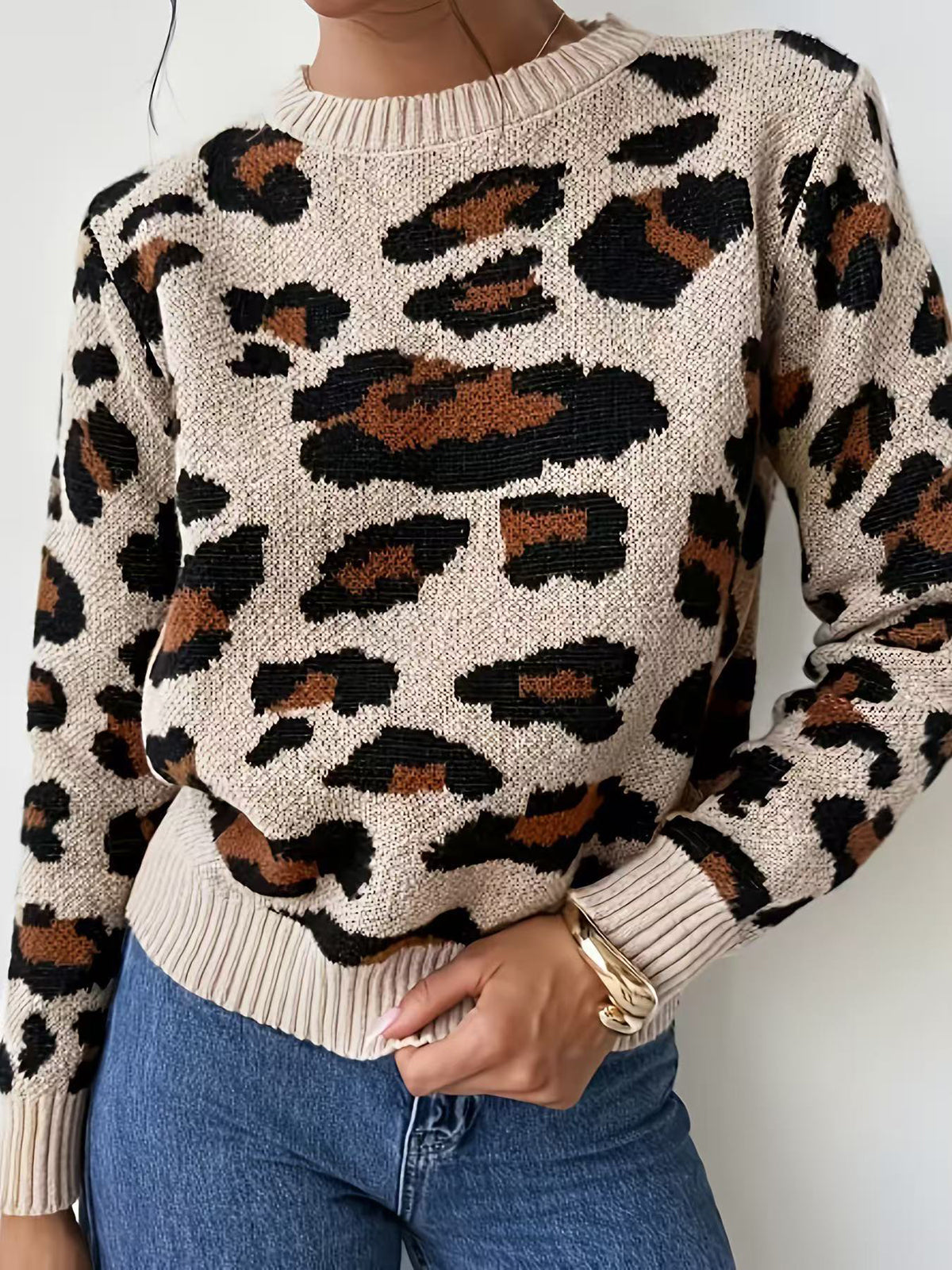 Leopard Loose Long Sleeves Round-neck Sweater Tops Pullovers