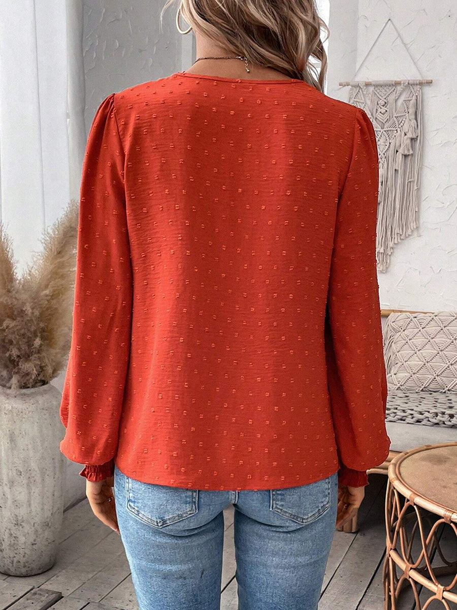 Balloon Sleeves Long Sleeves Embroidered Hollow Solid Color V-Neck Blouses&Shirts Tops