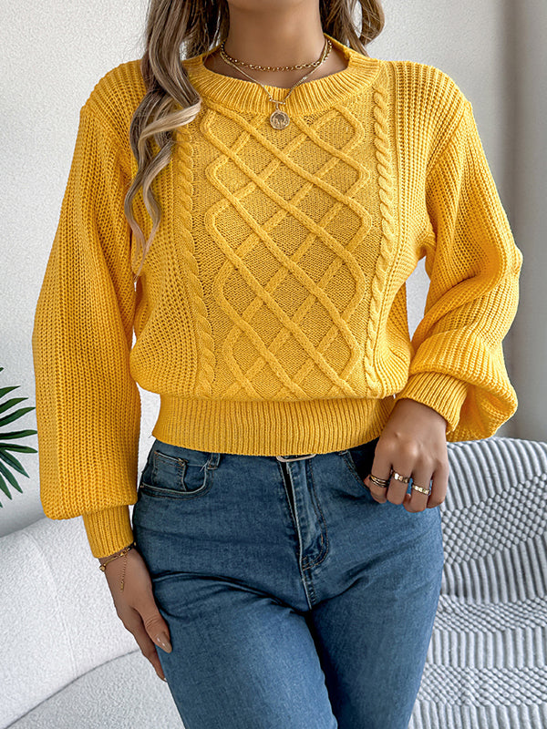 Elasticated Waist Long Sleeves Cable Knit Solid Color Round-Neck Knit Top Sweater Tops