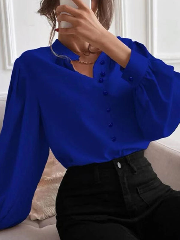 Loose Puff Sleeves Pleated Solid Color Split-Joint Stand Collar Blouses