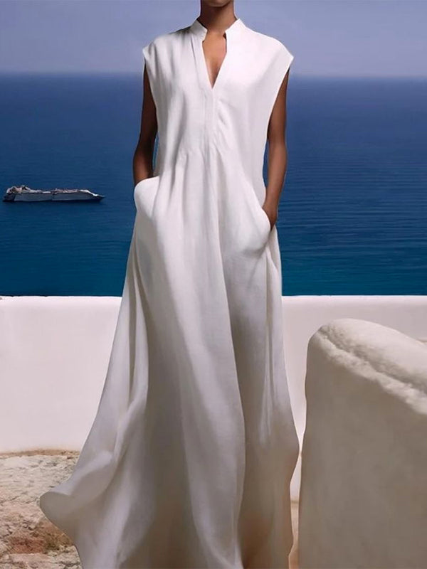 Cap Sleeve Loose Pockets Solid Color V-Neck Maxi Dresses