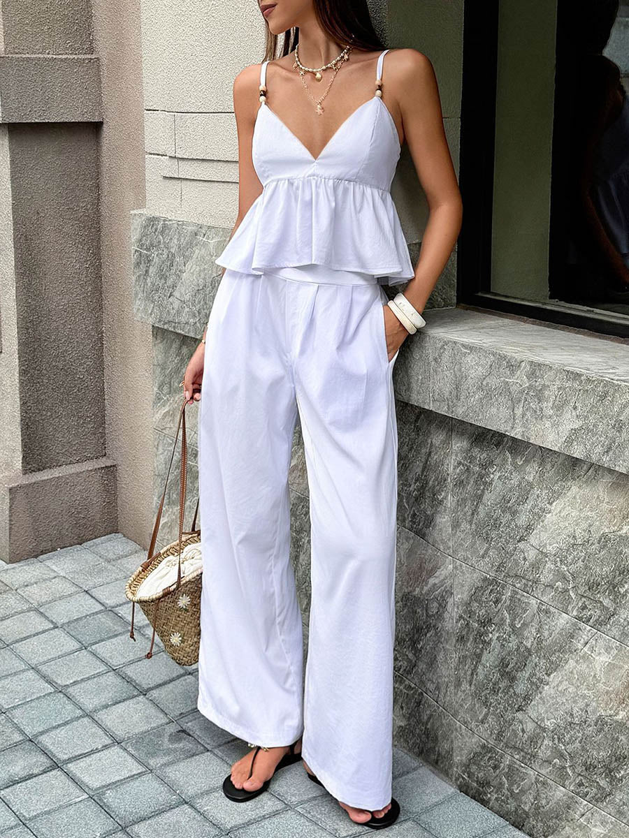 Solid Color Split-Joint Spaghetti-Neck Elasticated Waist High Waisted Pleated Ruffled Blouses&Shirts Tops + Pockets Pants Two Pieces Set