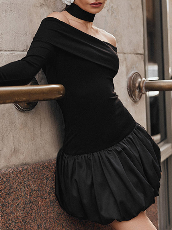 Mini-robes taille haute, manches longues, couleur contrastée, plissées, fendues, épaules dénudées 