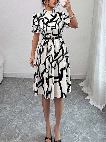 A-Line Bodycon Abstract Printed Contrast Color Ruffled Split-Joint Midi Dresses