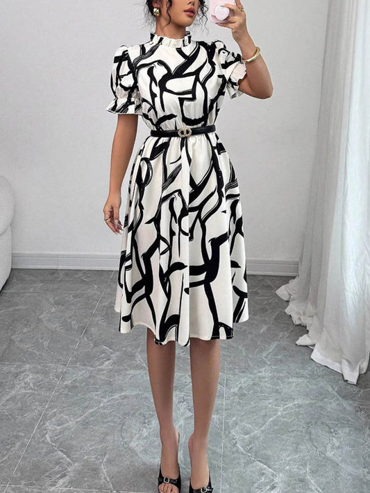 A-Line Bodycon Abstract Printed Contrast Color Ruffled Split-Joint Midi Dresses