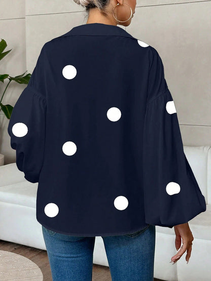 Long Sleeves Loose Contrast Color Pleated Polka Dot Split-Joint Lapel Blouses&Shirts Tops