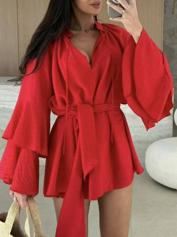 Flared Sleeves Loose Lace-Up Pleated Solid Color Split-Joint Tiered Round-Neck Mini Dresses