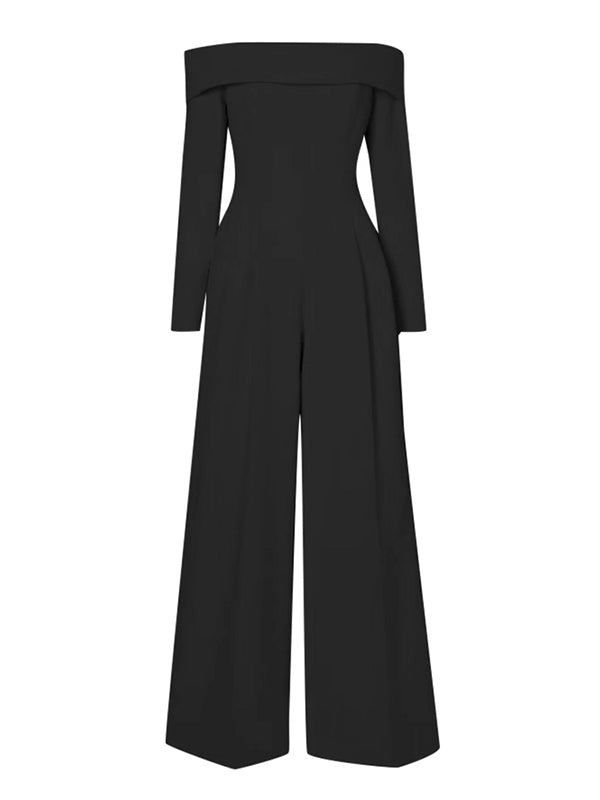 High Waisted Long Sleeves Pleated Solid Color Split-Joint Tied Off-The-Shoulder Jumpsuits