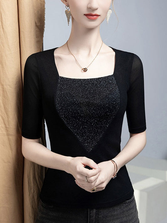Split-Joint See-Through Skinny Plus Size Square-neck T-Shirts Tops
