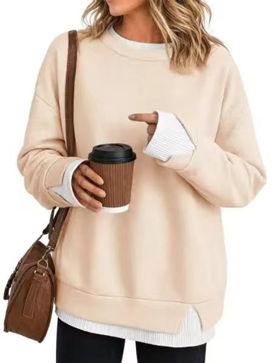 Split-Joint Contrast Color Plus Size Loose Round-neck Sweater Pullovers