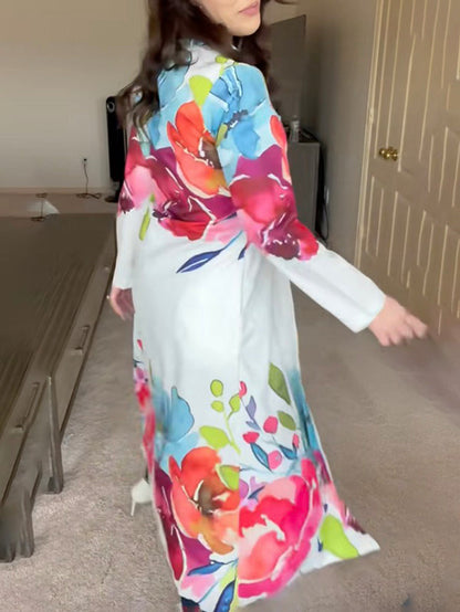 Long Sleeves Loose Buttoned Flower Print Lapel Maxi Dresses Shirt Dress