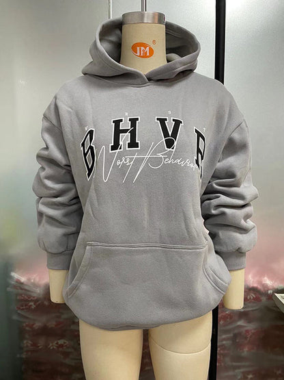 Long Sleeves Loose Keep Warm Letter Print Velvet Hooded Hoodies Tops