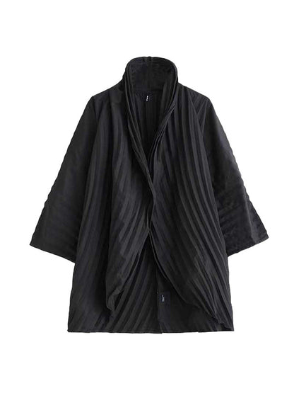 Long Sleeves Loose Buttoned Pleated Solid Color Stand Collar Shirts Top + Pants Bottom Two Pieces Set