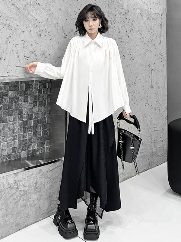 Irregularity Long Sleeves Buttoned Solid Color Split-Joint Streamer Lapel Collar Blouses&Shirts Tops