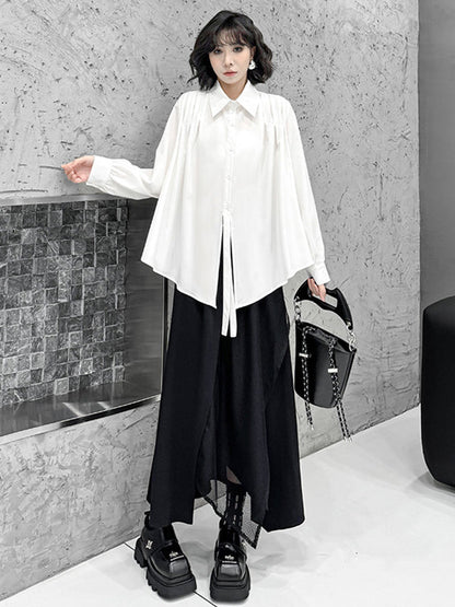 Irregularity Long Sleeves Buttoned Solid Color Split-Joint Streamer Lapel Collar Blouses&Shirts Tops