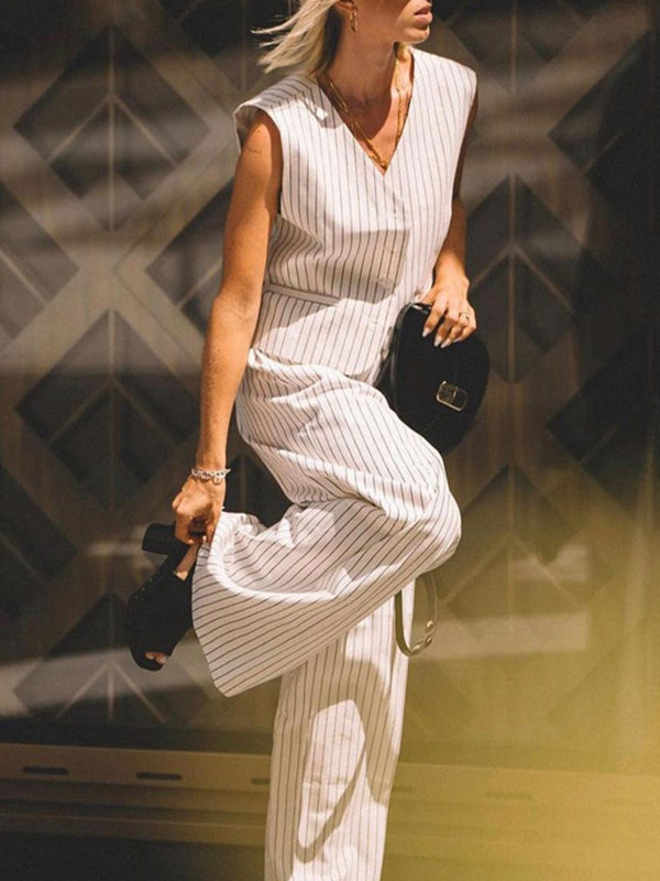 Loose Sleeveless Buttoned Striped V-Neck Vest Top + Pockets Pants Bottom Two Pieces Set