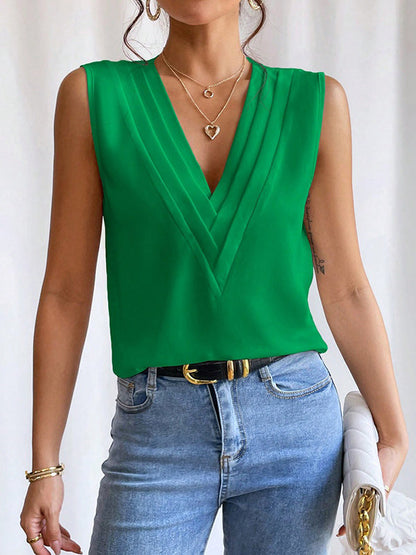 Loose Sleeveless Layered Solid Color V-Neck Vest Top