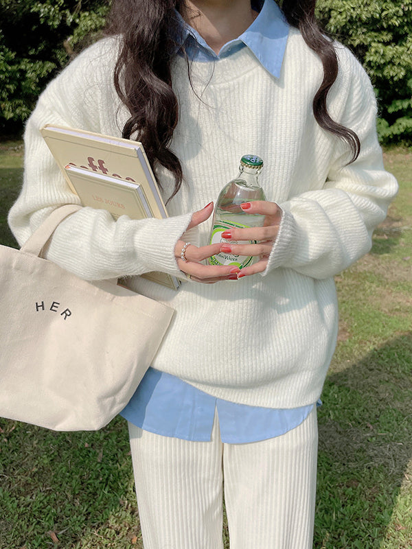 Long Sleeves Loose Solid Color Round-Neck Pullovers Sweater Tops