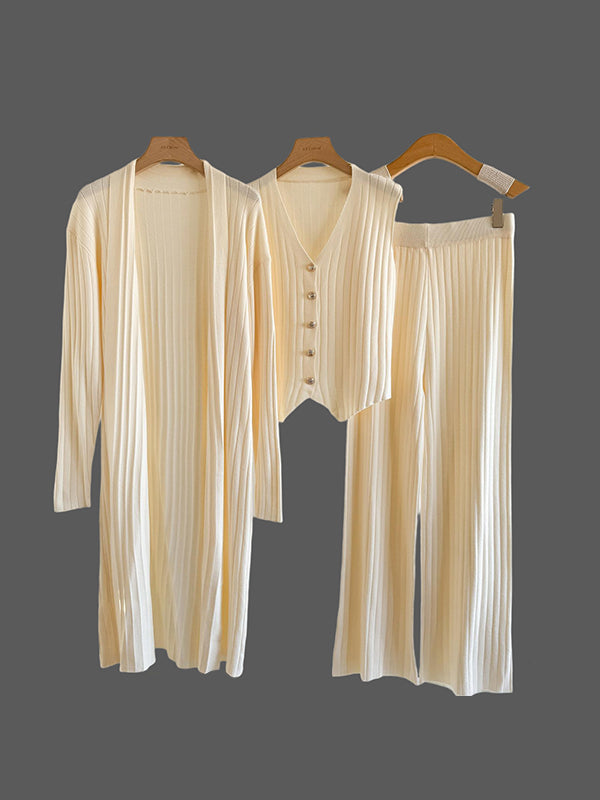 Knitting Sleeveless V-Neck Vest Top +  Long Sleeves Cardigan + High Waisted Pants Three Pieces Set