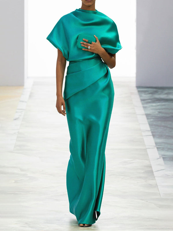 Robes longues amples à manches courtes et plissées de couleur unie 