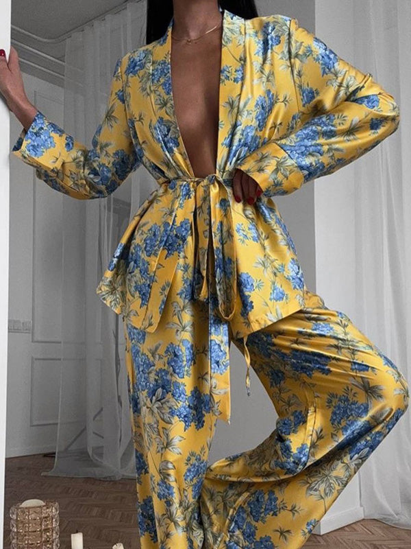 Loose Printed Split-Joint Deep V-Neck Lace-Up Blouse + Drawstring Elasticity Pants Trousers Two Pieces Set