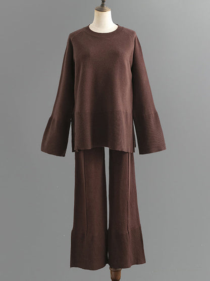 Casual Long Sleeves Loose Solid Color Round-Neck Sweater Tops & Wide Leg Pants Two Pieces Set