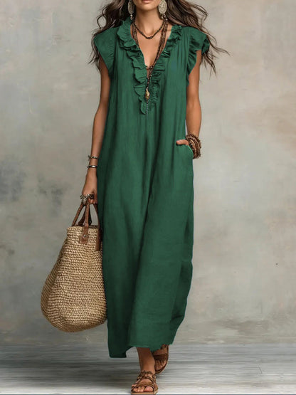 Loose Plus Size Pockets Ruffle Trim Solid Color V-Neck Maxi Dresses