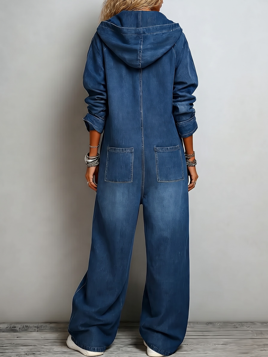 Zipper Split-Joint Pockets Loose Long Sleeves Hooded Jumpsuits