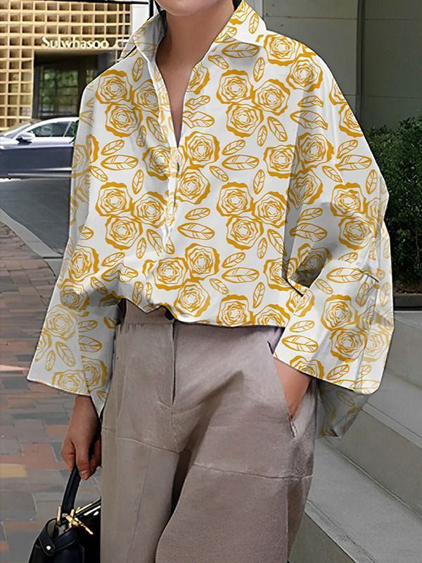 Long Sleeves Loose Buttoned Flower Print Lapel Blouses&Shirts Tops