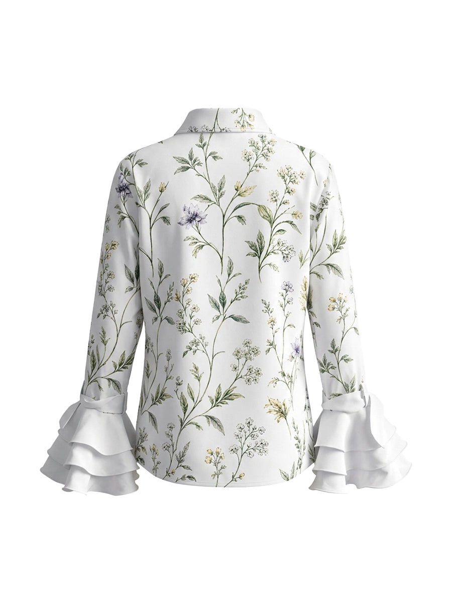 Long Sleeves Ruffle Sleeves Buttoned Flower Print Lapel Blouses&Shirts Tops