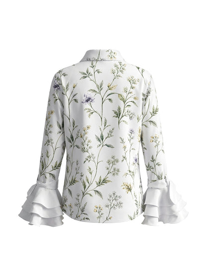 Long Sleeves Ruffle Sleeves Buttoned Flower Print Lapel Blouses&Shirts Tops