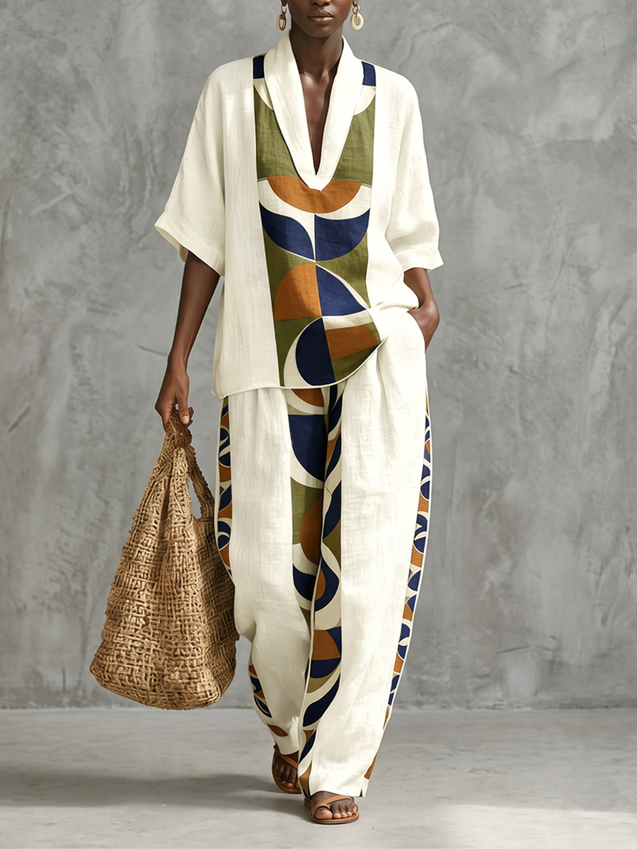Split-Joint Printed Pockets Wide Leg Loose Trousers Pants